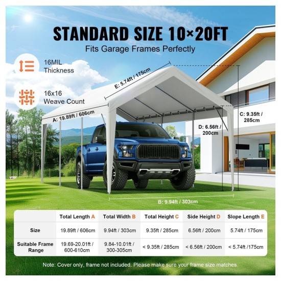 Heavy-Duty 10x20 ft White Replacement Canopy Top for Garage Carport Tent - UV Protected, Weather-Resistant, Easy