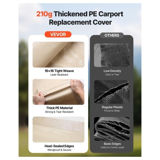 12x20 Ft Beige Carport Canopy Replacement - Heavy-Duty UV Resistant & Waterproof Shelter Tarp for 2-Car Garage