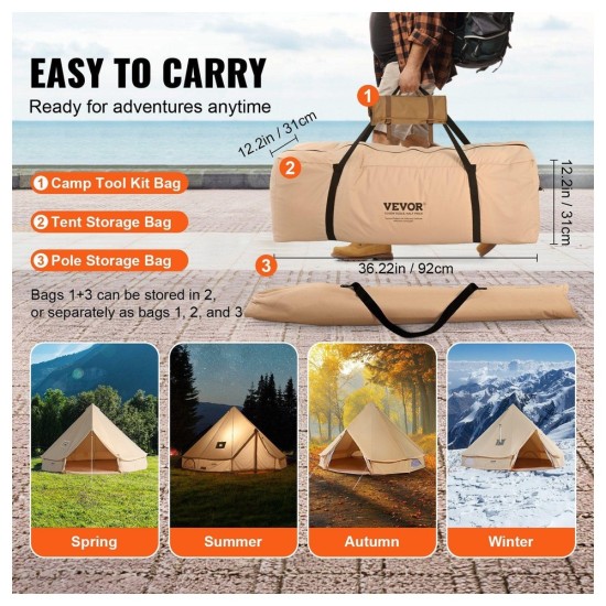 5-8 Person Bell Tent for Glamping: 13x13ft Canvas Yurt with Stove Jack & Detachable Walls, Waterproof & Breathable