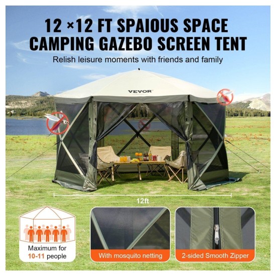 12x12 Ft Pop-Up Screen Tent with 6-Sided Mesh & Privacy Walls for Outdoor Camping &