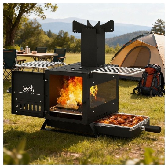 Portable Wood Burning Camp Stove with Pot Rack, Oven & Pan for Outdoor
