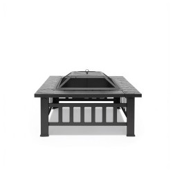 Modern Square Metal Fire Pit with Poker | Portable Black Outdoor Heater for Courtyard &