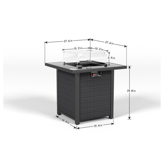 28 Inch Propane Fire Pit Table, 50,000 BTU Gas Firepit with Wicker-Look Rattan Base, Tempered Glass Tabletop & Glass