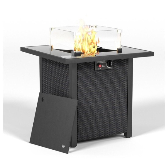 28 Inch Propane Fire Pit Table, 50,000 BTU Gas Firepit with Wicker-Look Rattan Base, Tempered Glass Tabletop & Glass